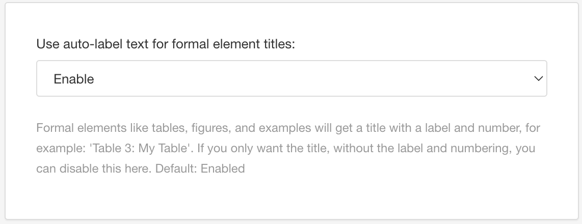 PDF layout settings. The Use auto-label text for formal element titles setting is shown. It is set to Enable.