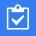 Finish assignment icon. It is a blue square with a white clipboard on it. The clipboard has a white checkmark on it.