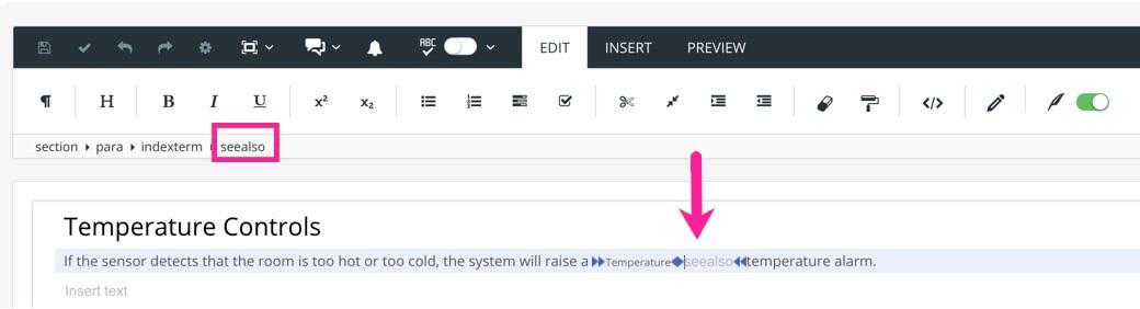 Paligo editor shows a para that contains an indexterm element. Inside the indexterm element is a primary element with a main term. There is also a see also element.