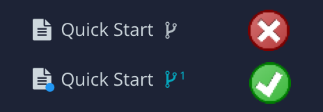 A "quick start" topic (main branch) with a red cross next to it. Below it there is a "quick start" topic branch with a green checkmark next to it.