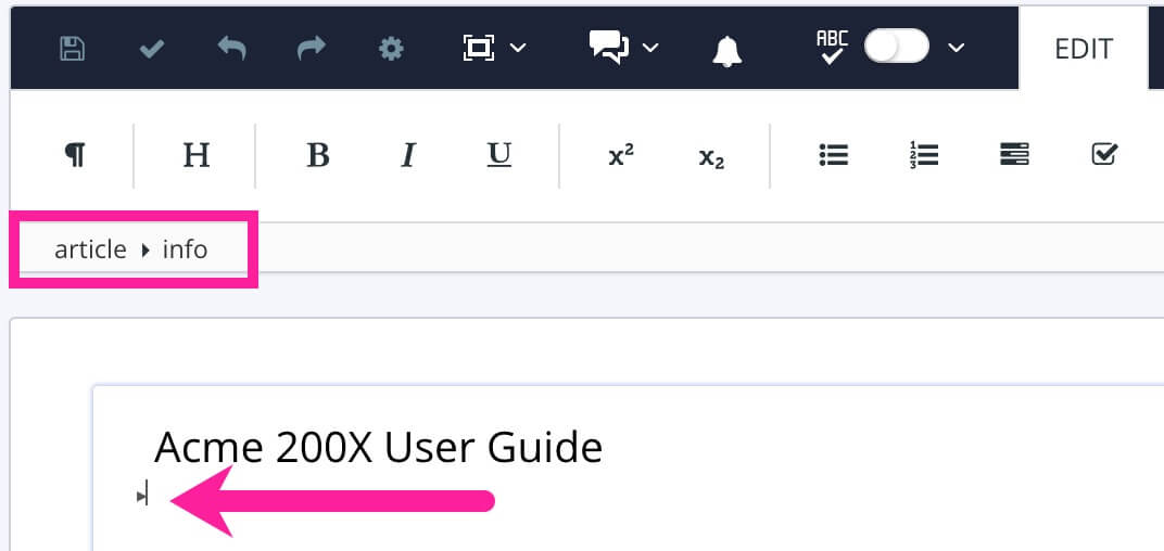 Close up of the Paligo editor for the publication page. The element structure menu shows article > info and an arrow points at the space between the title and the first line.