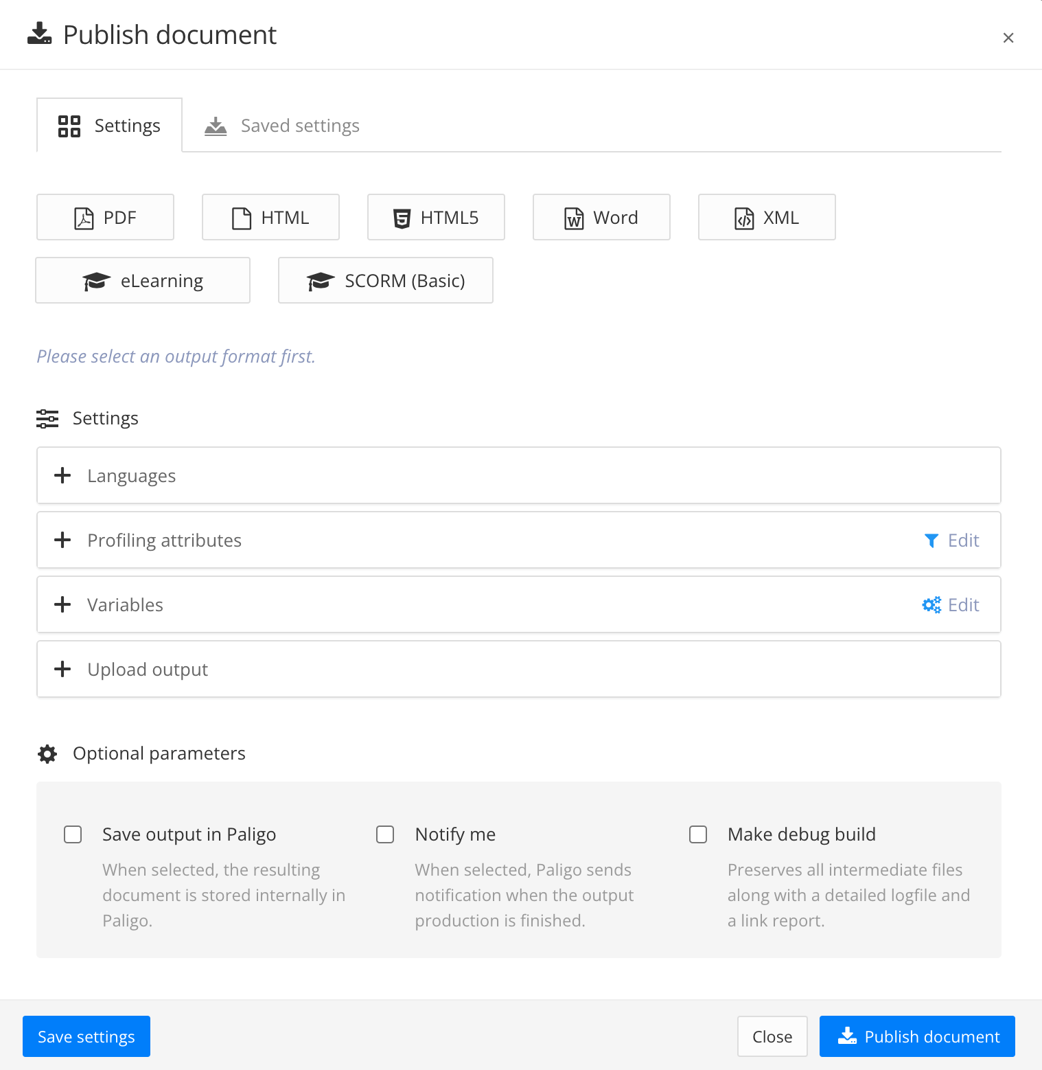 Publish document dialog.
