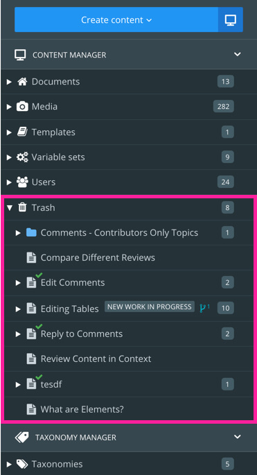 Trash folder in the Content Manager shows the content that has been sent to trash.