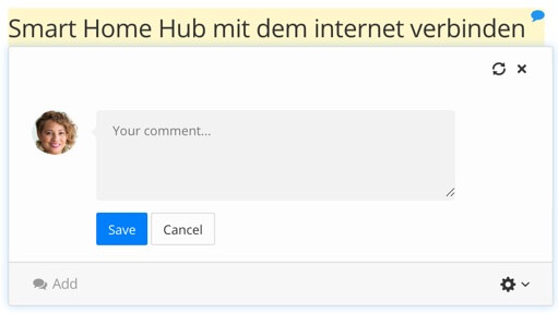 Comment dialog for Translation View. There is a box for adding a comment and a save button.