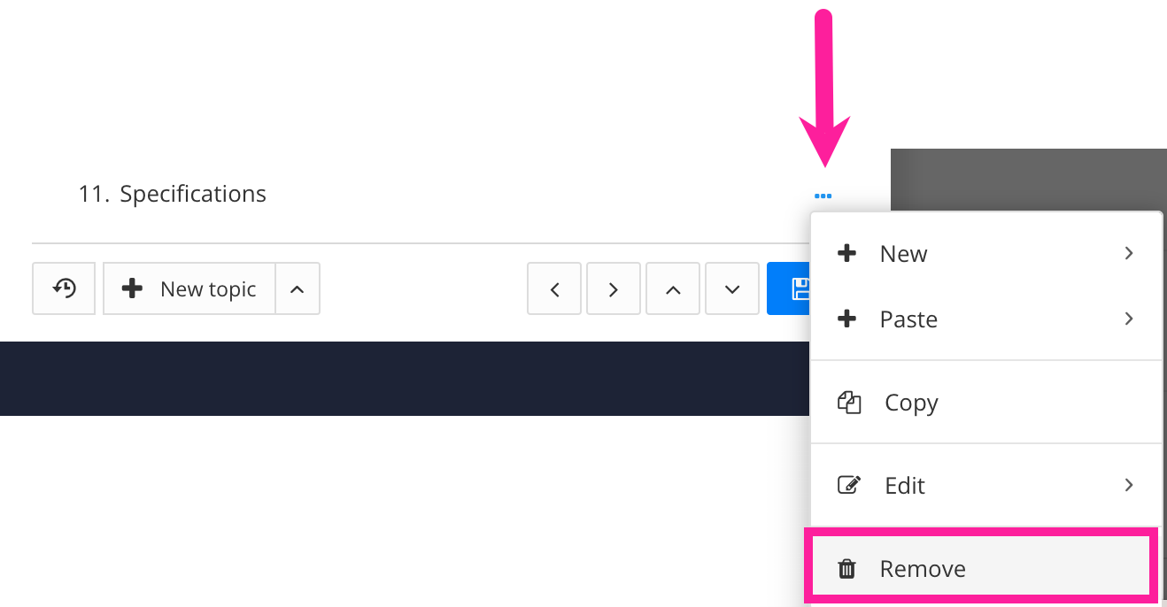 Publication structure. A callout arrow points to the dotted menu for a topic fork. A menu shows various options for the fork. The remove option is highlighted.