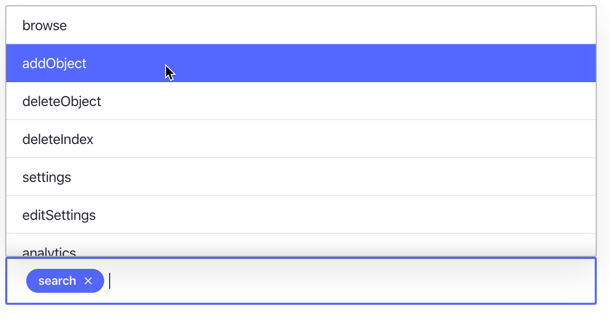 ACL field options in Algolia. There are many options available, but you need to choose addObject and deleteObject.