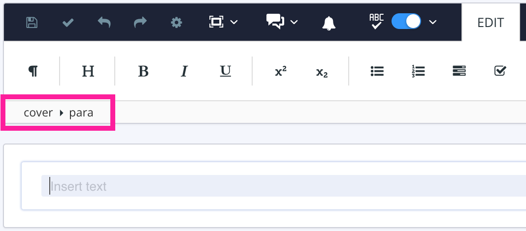 Close up of Paligo editor for a cover component. The Element Structure menu shows that the cover element is the top-level element and there is a para element at the second-level.