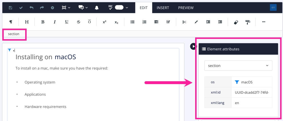 Installing on macOS topic. Its section element is highlighted. In the Element attributes side panel, we can see that the section element has the os filter attribute with a macOS filter value.