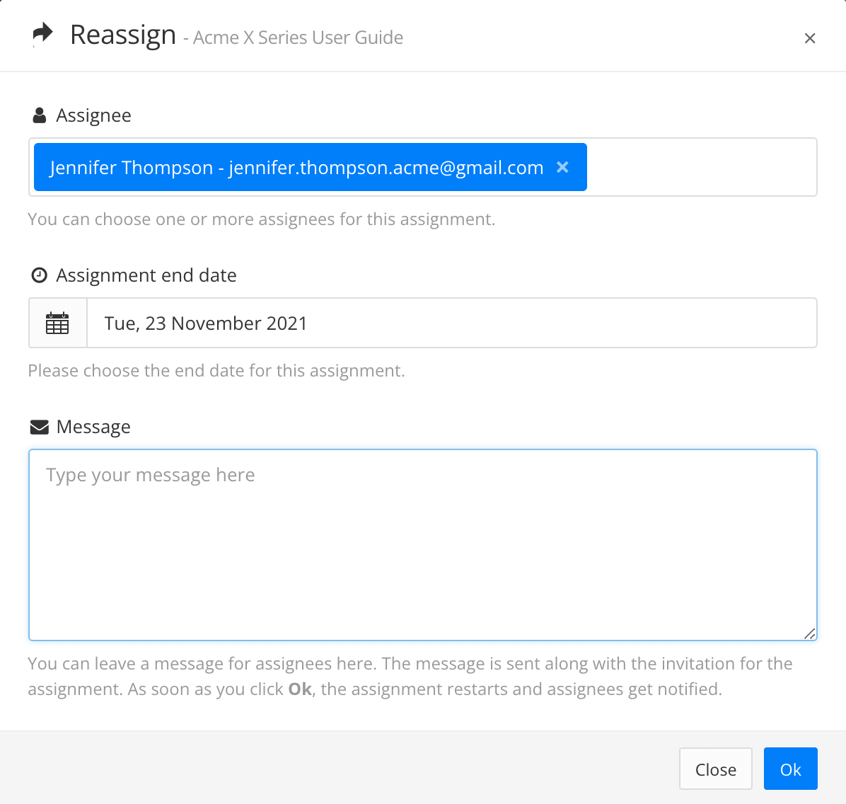 Reassign assignment dialog has fields for choosing assignees, the timescale, and adding a message.