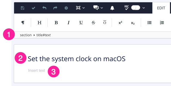 A close-up view of the top of a topic. Label 1 highlights the element structure menu, which shows the path from the section element to the currently selected element. Label 2 highlights the title of the topic. Label 3 highlights a paragraph.