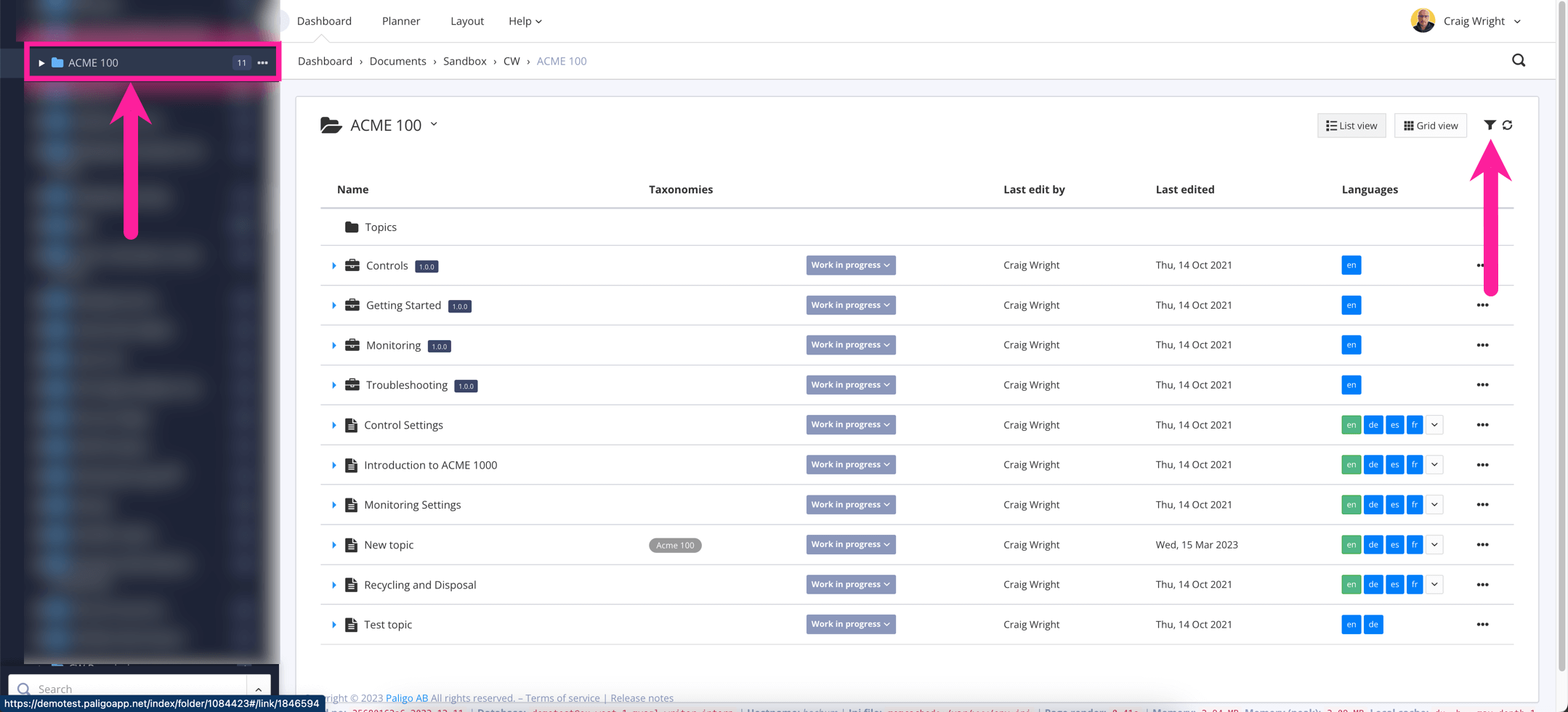 The Content Manager is shown on the left. A callout arrow points to a folder. In the main display area, Paligo lists the content inside the selected folder. A callout arrow points to the filter icon which is in the top-right.