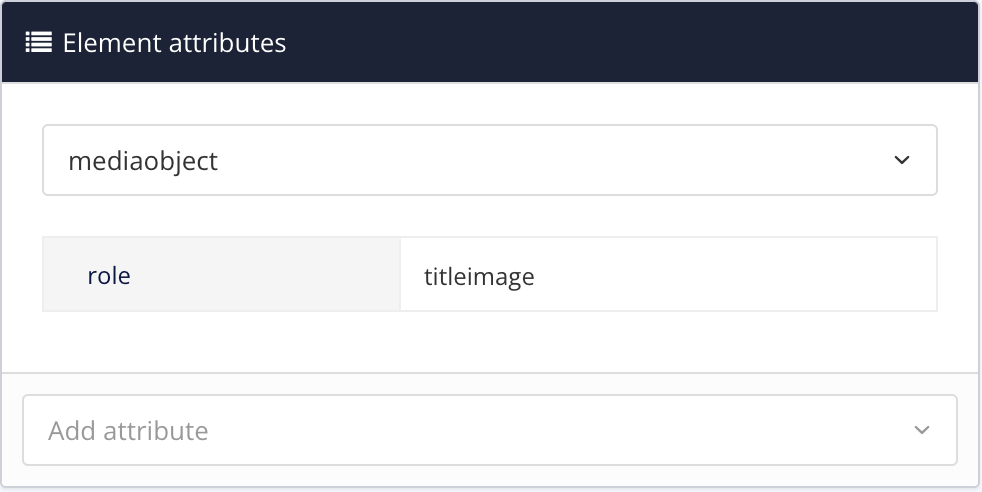 Element attributes side panel shows that the mediaobject element has a role attribute and its value is titleimage.