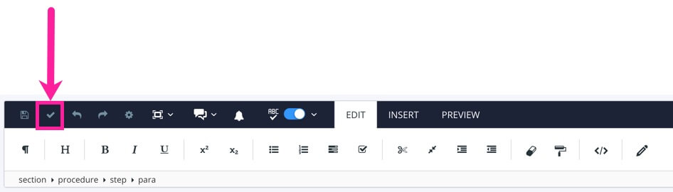 Paligo editor toolbar. A callout arrow points to the check icon which is the second icon from the left. The check icon is for the validation feature.