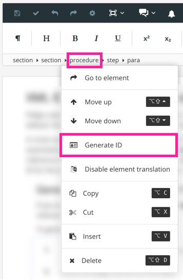 Close up of element structure menu. The procedure element is selected, revealing a drop down menu. The Generate ID option is highlighted.