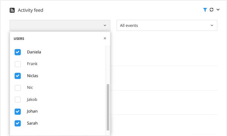 Customizing the activity feed. The users field is selected revealing a dropdown that contains all users names, each with a checkbox next to it.