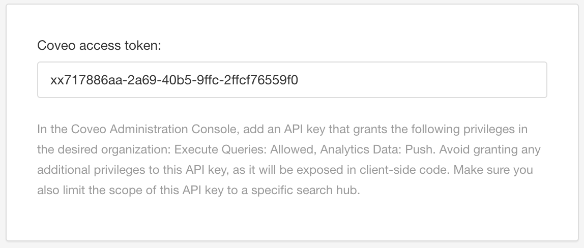 HTML5 Help Center Layout. Coveo access token. An access token, generated in Coveo, has been entered into the field.