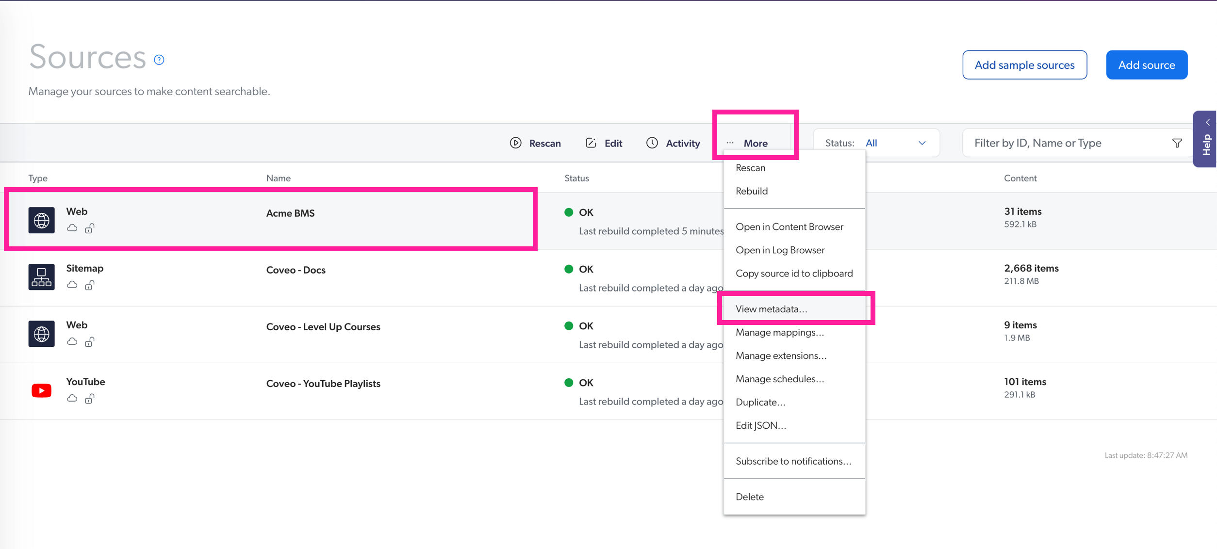 Sources page in Coveo. There are callouts highlighting a web source, the ... more option and drop-down menu, and the view metadata option.