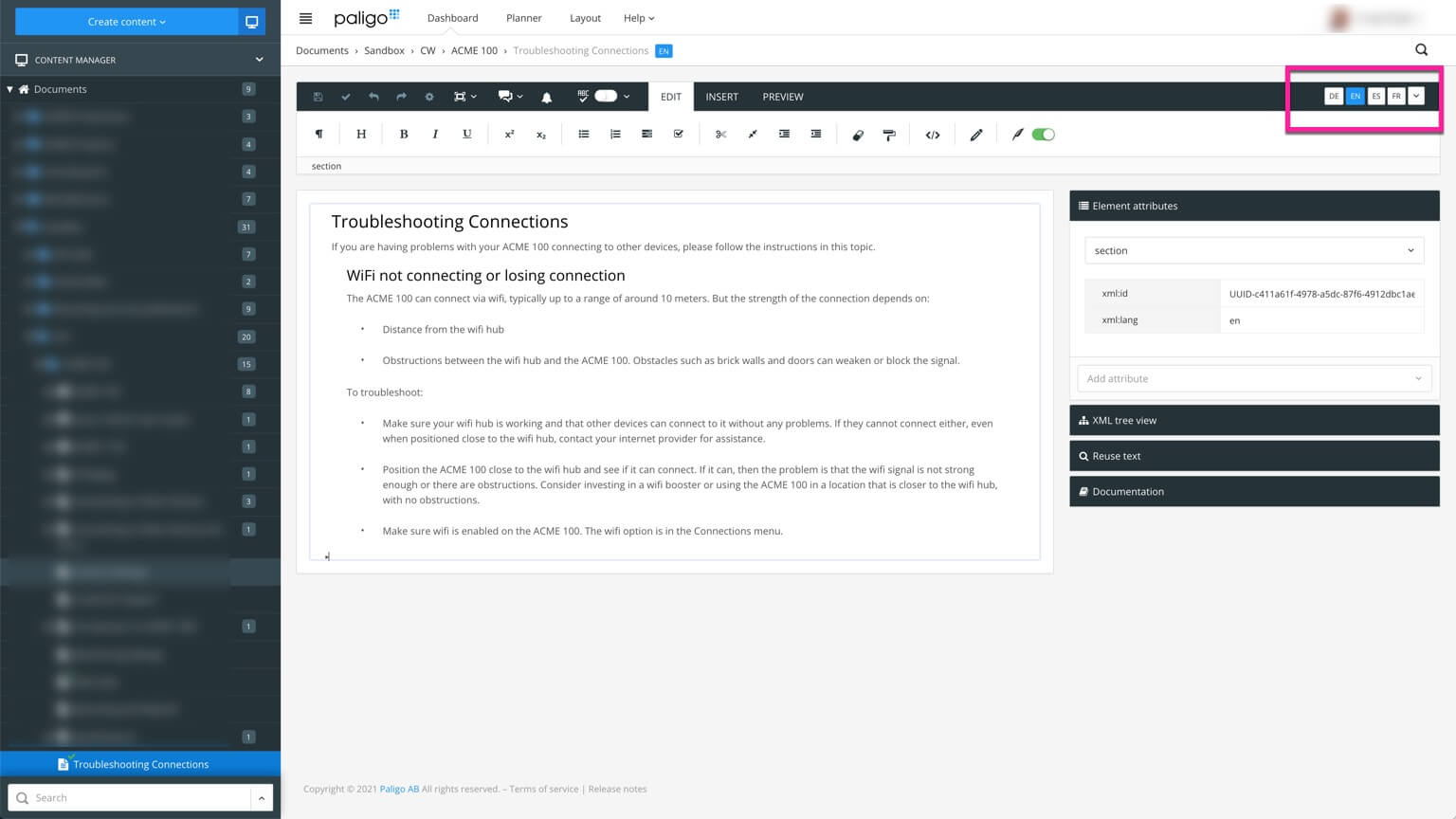 A topic is open in the Paligo editor. In the top-right, there are icons for each language and an arrow icon that provides access to more languages.