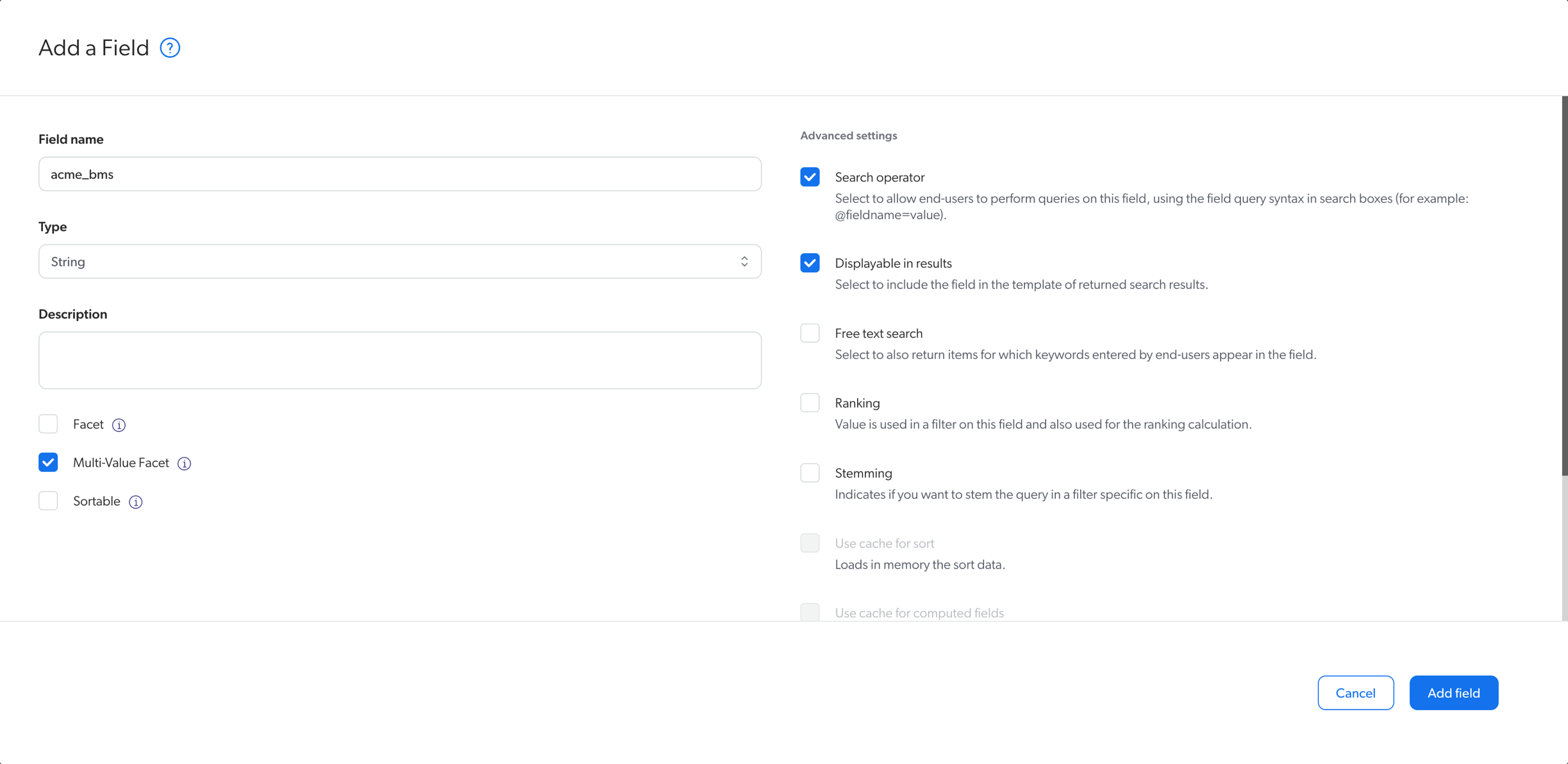 Add a field dialog in Coveo. There is an entry in the fieldname field and the Multi-value facet box is checked. Also, the search operator and displayable in results boxes are checked.