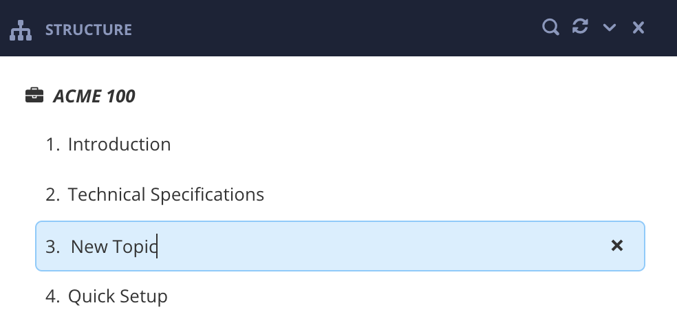 Publication structure. A new topic fork has been added at the first level of the structure.