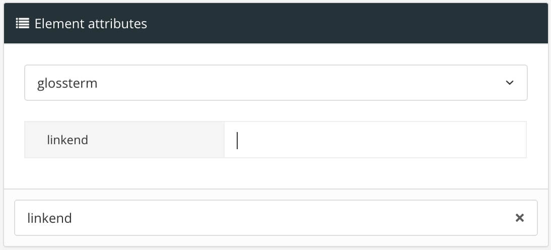 The element attributes section shows the glossterm element is selected. It has been given the linkend attribute.