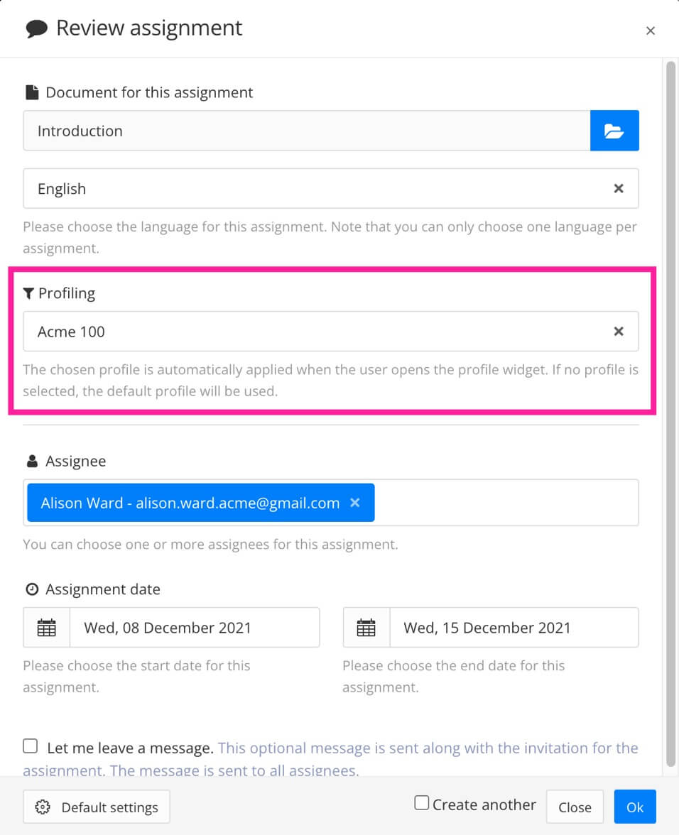 Review assignment dialog. The settings show the topic is being sent for review and the profiling is set to Acme 100.