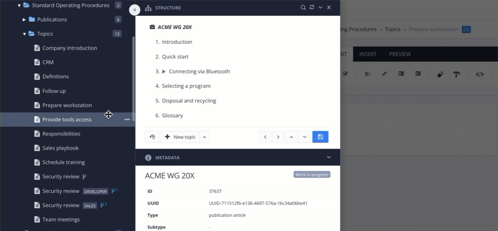 Animated gif showing several topics being copied in the Content Manager and pasted into position in the publication structure.
