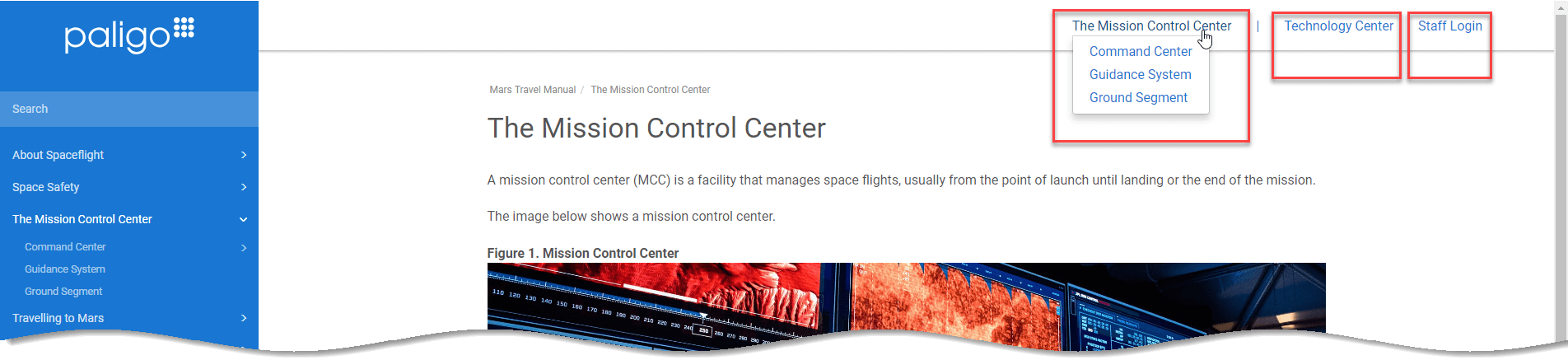 Paligo HTML5 help center output. There are three top-navigation menus in the header of the page.