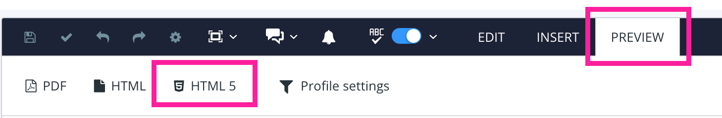 Paligo editor toolbar. The Preview tab is selected and highlighted. The HTML5 option on the Preview tab is highlighted too.