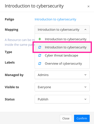 Zendesk preflight, article properties dialog. The mapping dropdown is shown and a callout box highlights the option that has a blue reuse symbol and the same title as the current article.