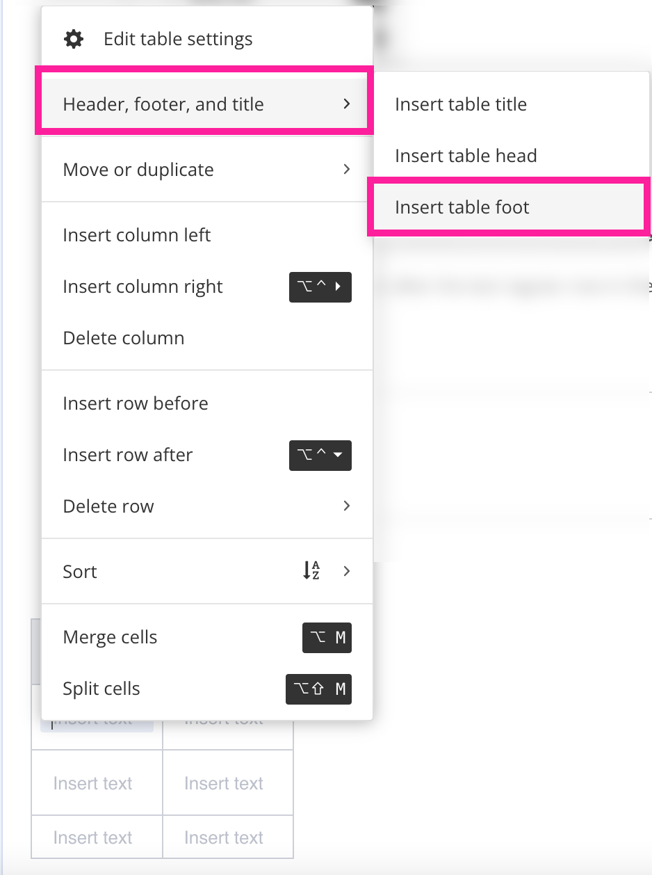 Table context menu. The header, footer and title option is highlighted along with the Insert table foot option in the submenu.