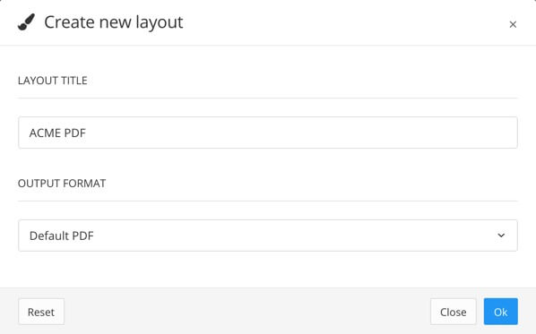 Create new layout dialog. The layout title has been set to ACME PDF and the Output format is set to Default PDF.
