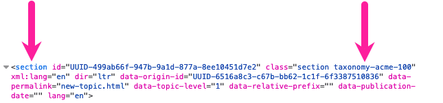 HTML code for a topic that has been published to HTML. In the section element, there is class="section taxonomy-acme-100"