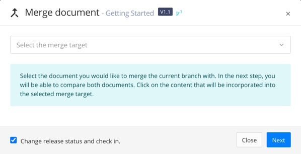 Merge document dialog. There is an option to choose the "to" branch and also a change release status and check-in checkbox.