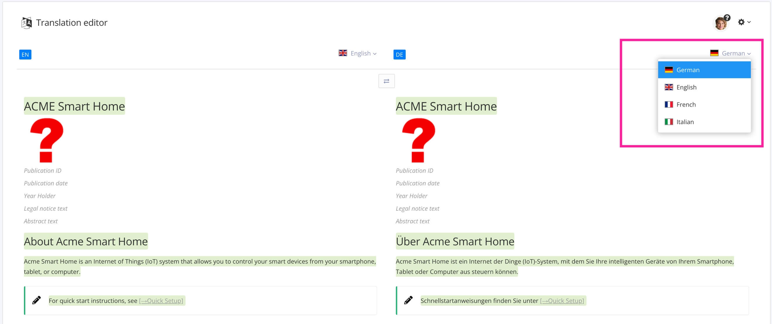 Translation view shows content in two languages, English on the left, German on the right. The language menu is displayed to choose a different translation language.
