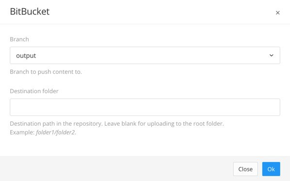 Bitbucket dialog for changing the branch and/or the destination folder for an individual publish.