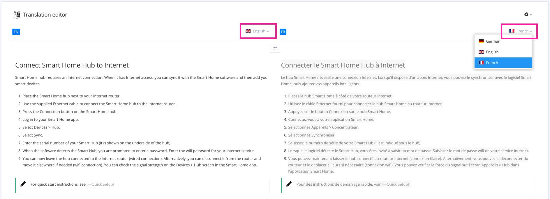 Translation view. Use the language selectors above each side to change the languages shown.