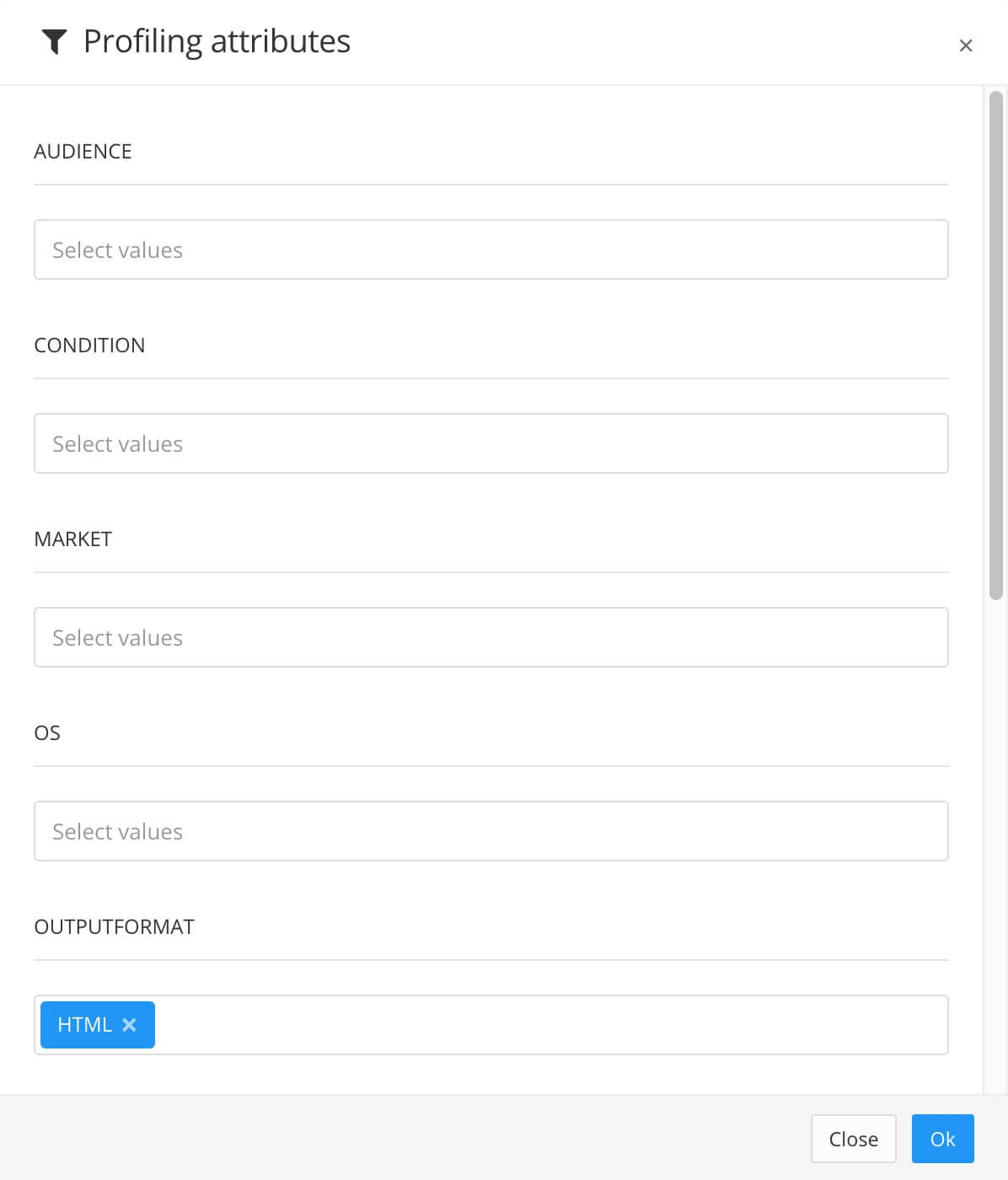 Profiling attributes dialog. Outputformat is set to include HTML.