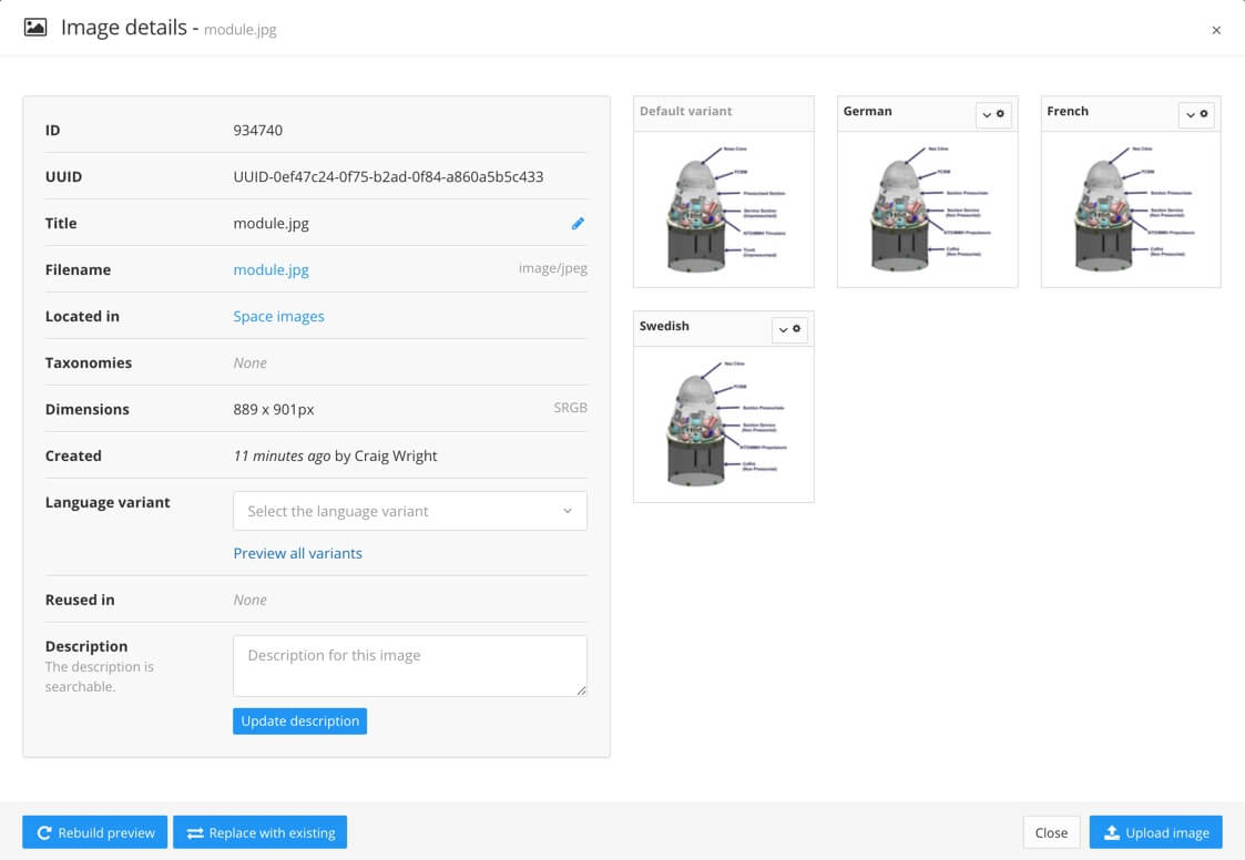 Image details dialog showing the settings for the source image. There is also a preview of the source image and all of the variant language images.