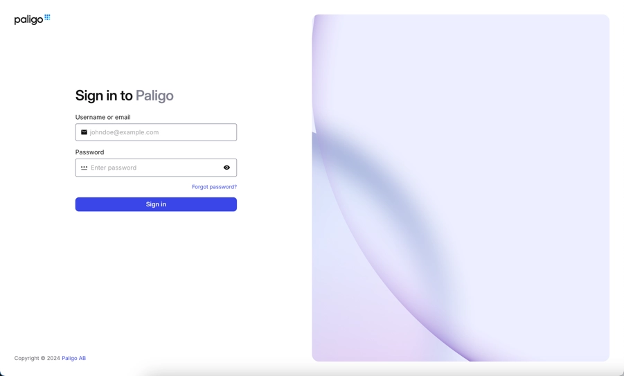 Paligo sign in page. It has a field for username or email, a field for password, a forgot password link and a Sign in button.