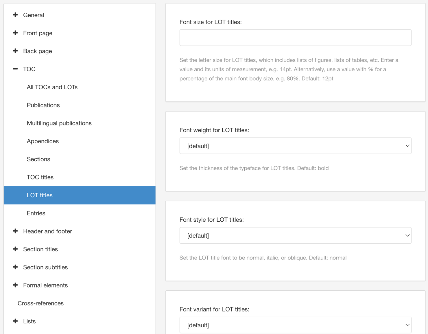 PDF Layout. TOC settings. LOT titles category.