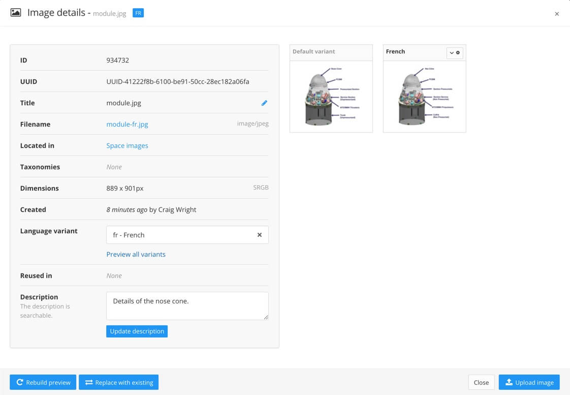 Image details showing small previews of the source image in English and a French variant of the same image.