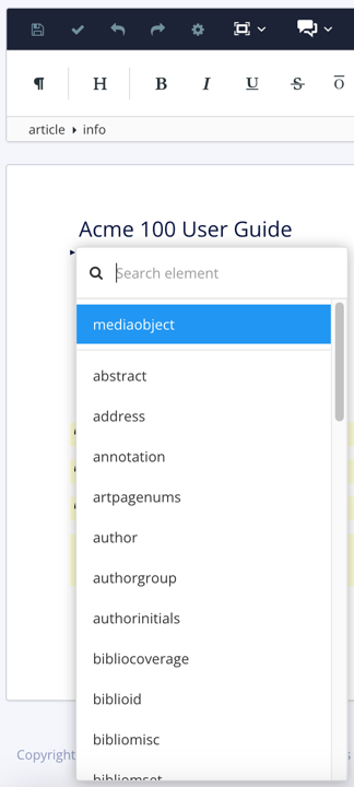 Element context menu, shown when cursor is inside info element. The menu lists all of the elements that are valid at the current position.