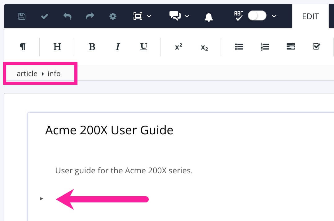 Close up of Paligo editor. The element structure menu shows article > info. An arrow points to the cursor position which is after the closing subjectset element.