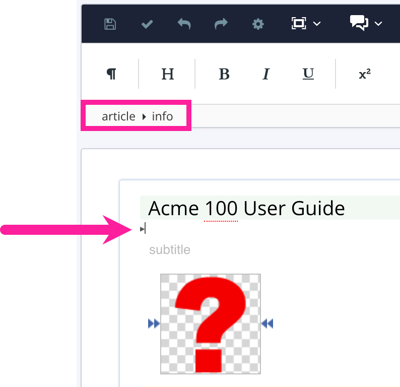 Close up of publication topic. The cursor is positioned after the title and before the subtitle. A callout arrow points to the cursor position. In the element structure menu, it shows the article element followed by the info element.