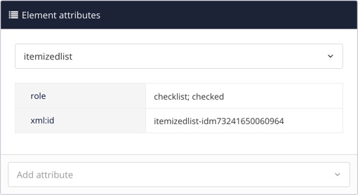 Element attributes panel showing the itemizedlist element has role set to checklist; checked. It also has an xml:id attribute.