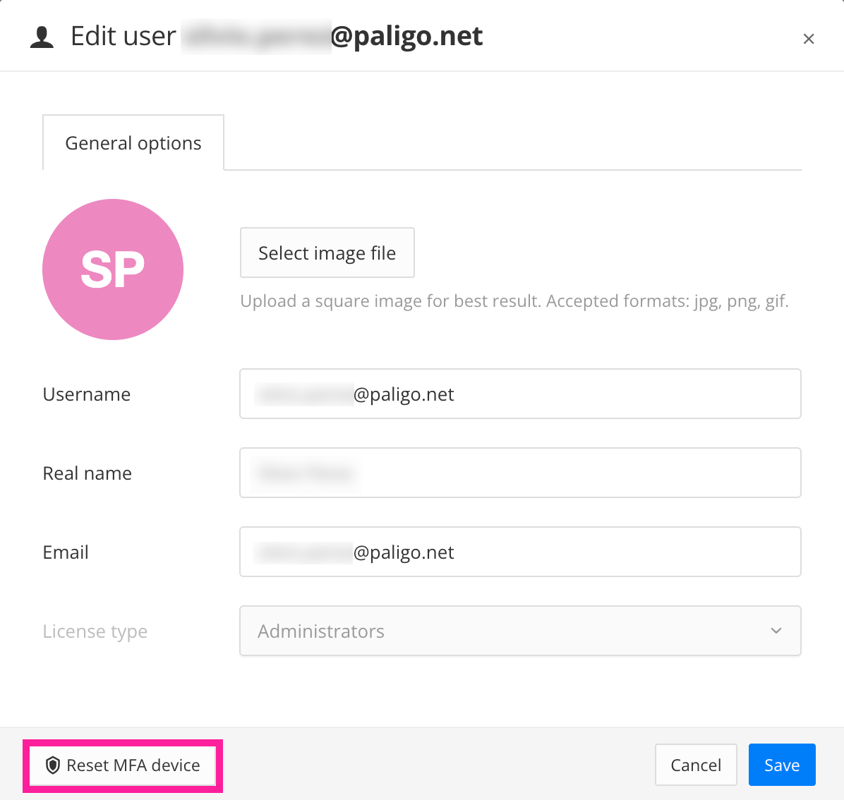 User settings, General Options tab. A callout box and arrow highlight the Reset password option.