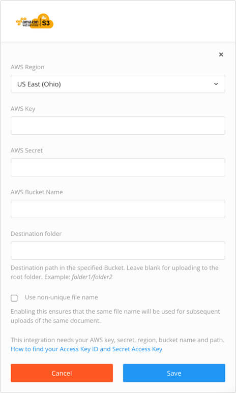 Paligo to Amazon Web Services S3 integration settings. They include AWS region, AWS key, AWS secret, AWS bucket name, and destination folder.