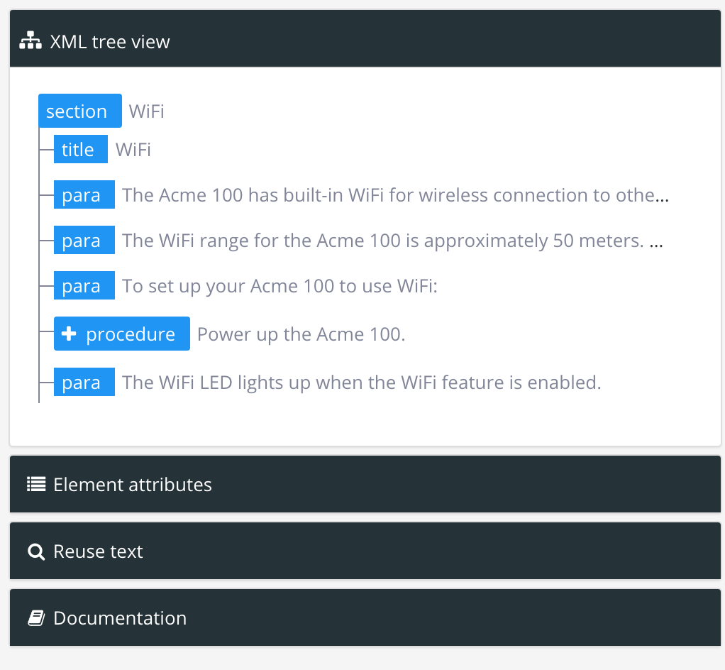 XML Structure view shows your content in a tree structure. On the left, there are blue tags for each element in your topic and these are nested to show the different levels of content.