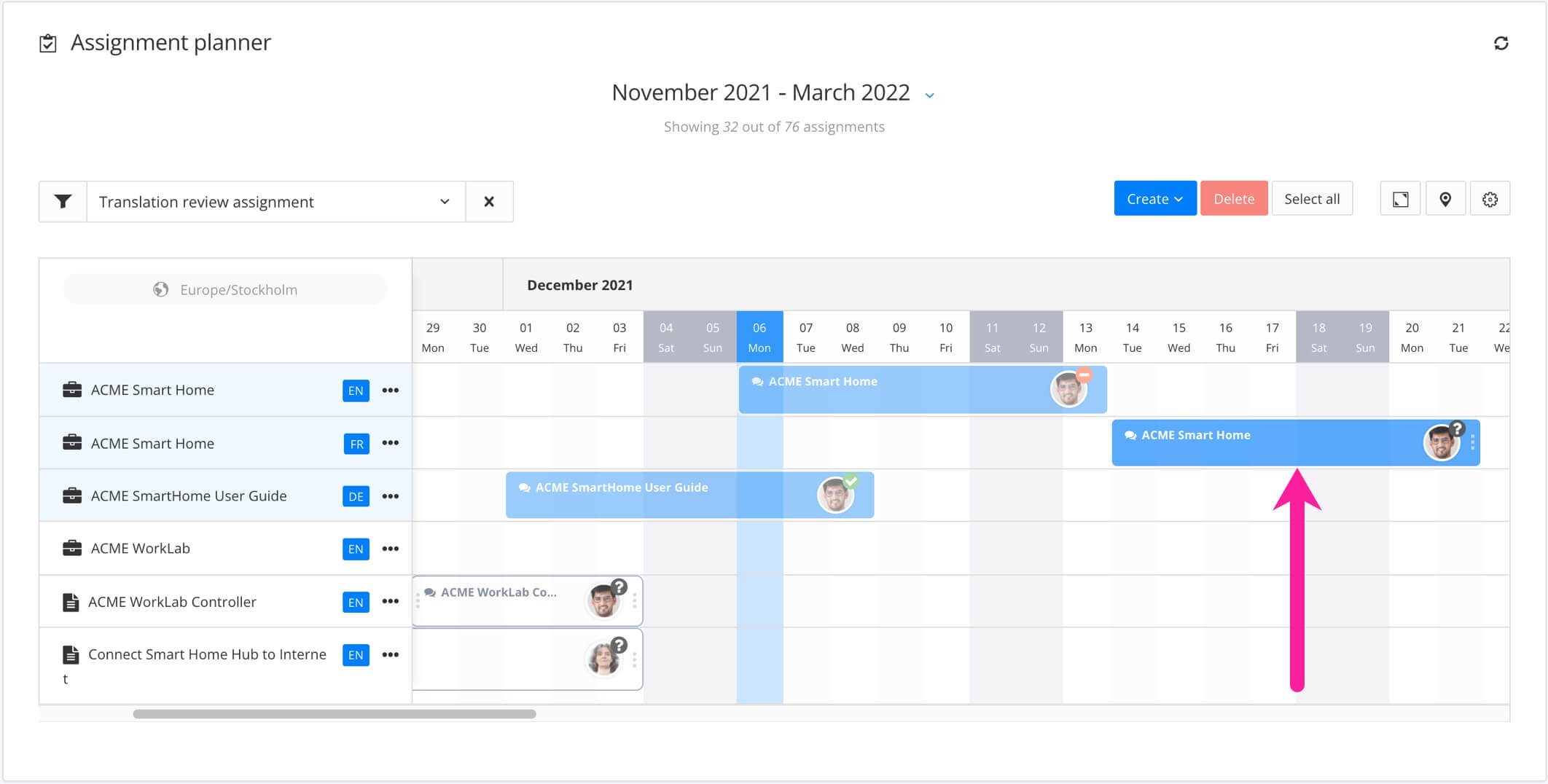 Planner shows a calendar view, with dates in columns and rows for each assignment. In the rows, there are blocks for each assignment.